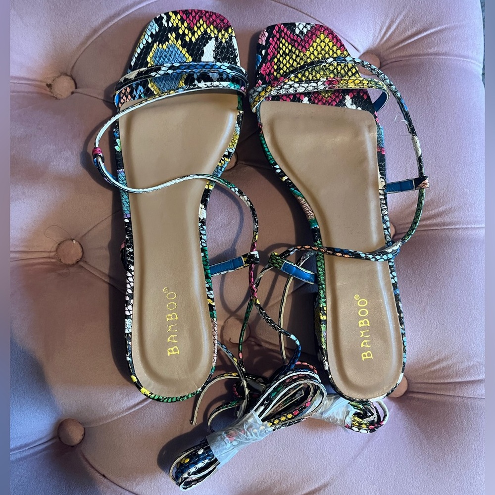 BAMBOO Multicolor Snake-Print Strappy Square-Toe Sandals